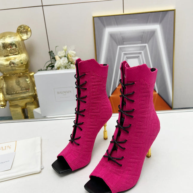 BALMAIN 26S LACE UP OPEN TOE BOOTS 95 MM IN PINK FLYKNIT