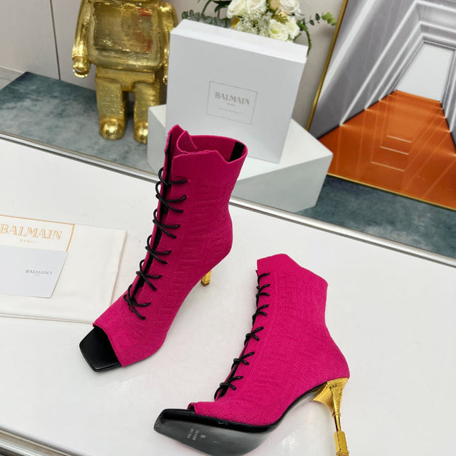 BALMAIN 26S LACE UP OPEN TOE BOOTS 95 MM IN PINK FLYKNIT