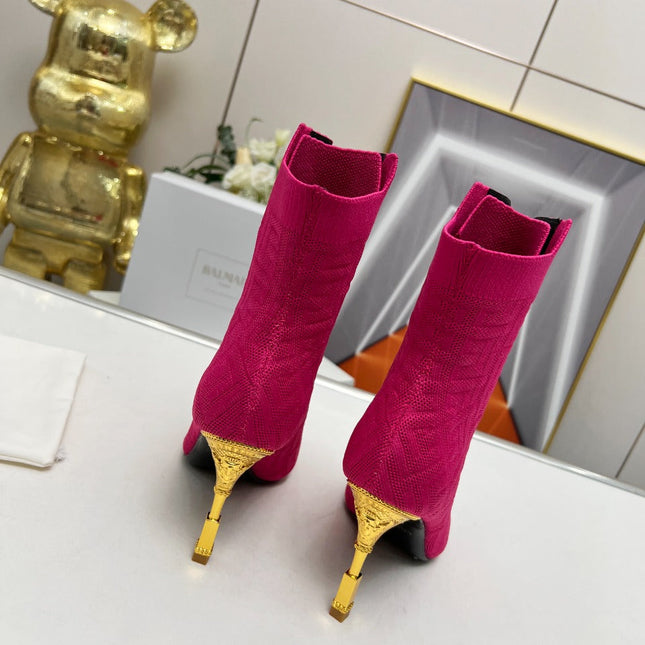 BALMAIN 26S LACE UP OPEN TOE BOOTS 95 MM IN PINK FLYKNIT