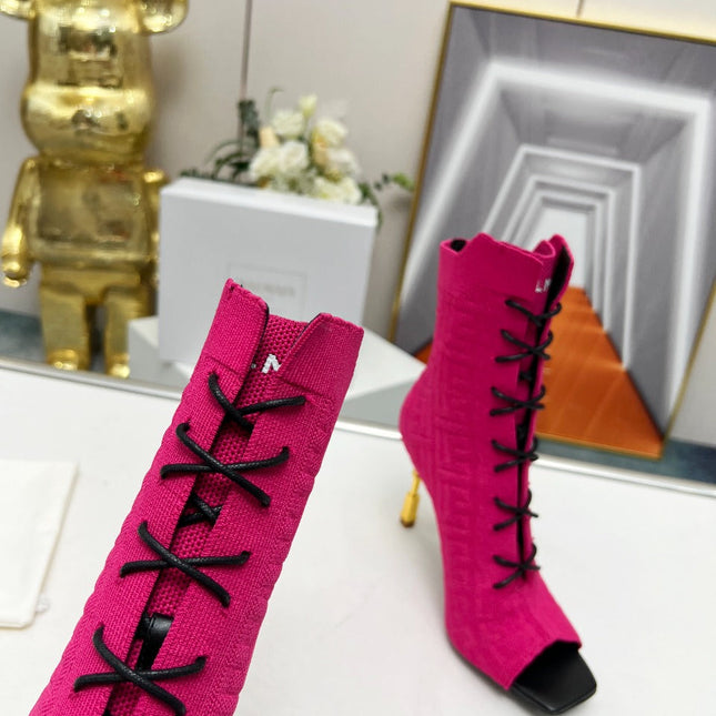 BALMAIN 26S LACE UP OPEN TOE BOOTS 95 MM IN PINK FLYKNIT