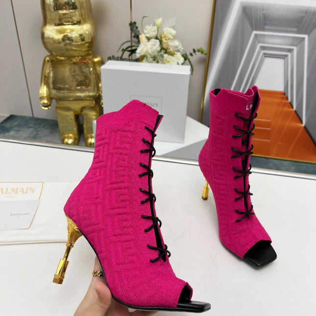 BALMAIN 26S LACE UP OPEN TOE BOOTS 95 MM IN PINK FLYKNIT