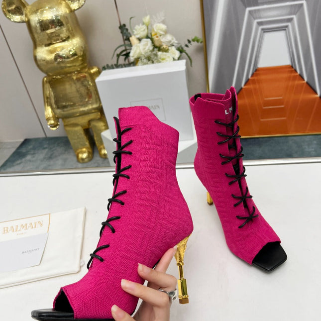 BALMAIN 26S LACE UP OPEN TOE BOOTS 95 MM IN PINK FLYKNIT