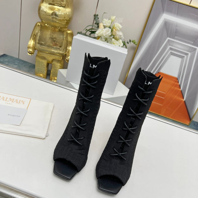 BALMAIN 26S LACE UP OPEN TOE BOOTS 95 MM IN BLACK FLYKNIT