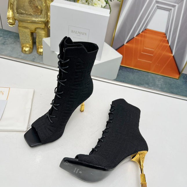 BALMAIN 26S LACE UP OPEN TOE BOOTS 95 MM IN BLACK FLYKNIT
