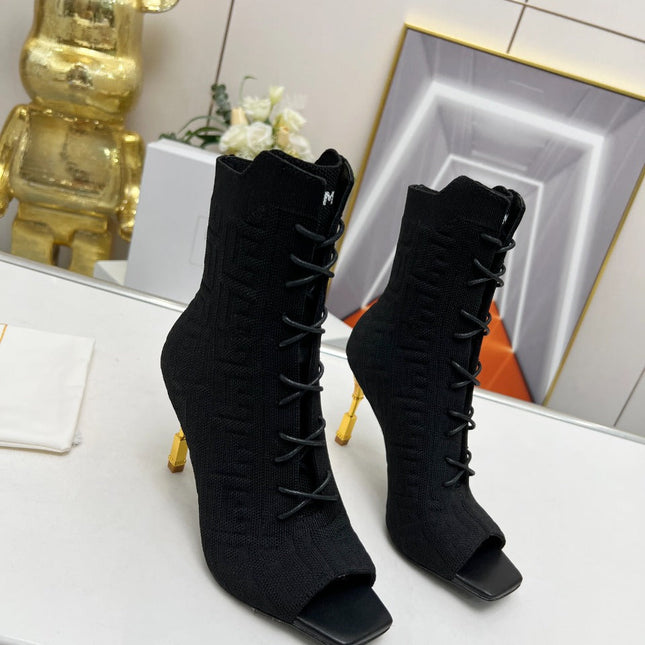 BALMAIN 26S LACE UP OPEN TOE BOOTS 95 MM IN BLACK FLYKNIT