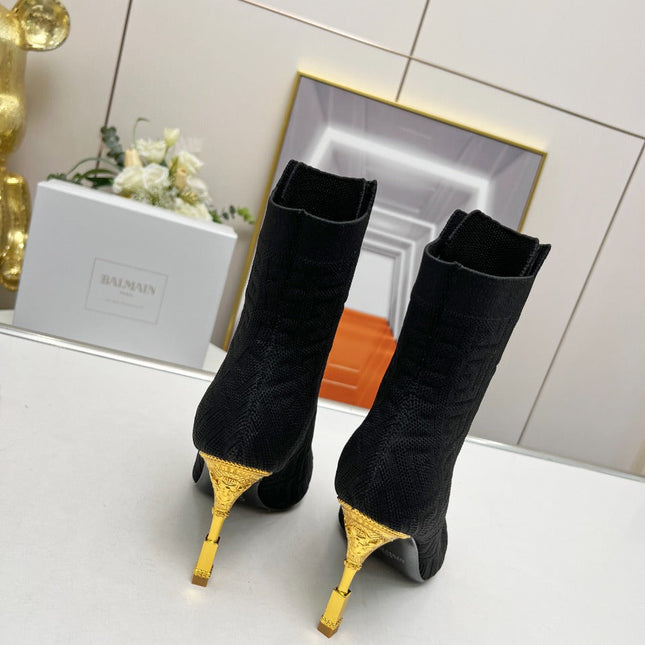 BALMAIN 26S LACE UP OPEN TOE BOOTS 95 MM IN BLACK FLYKNIT