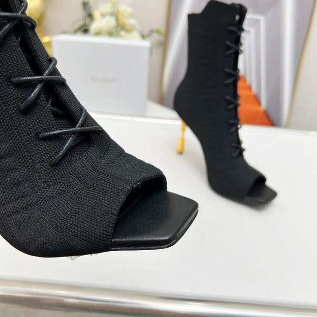 BALMAIN 26S LACE UP OPEN TOE BOOTS 95 MM IN BLACK FLYKNIT