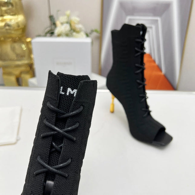 BALMAIN 26S LACE UP OPEN TOE BOOTS 95 MM IN BLACK FLYKNIT