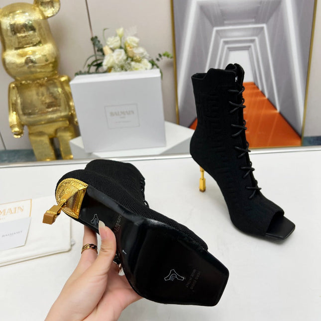 BALMAIN 26S LACE UP OPEN TOE BOOTS 95 MM IN BLACK FLYKNIT