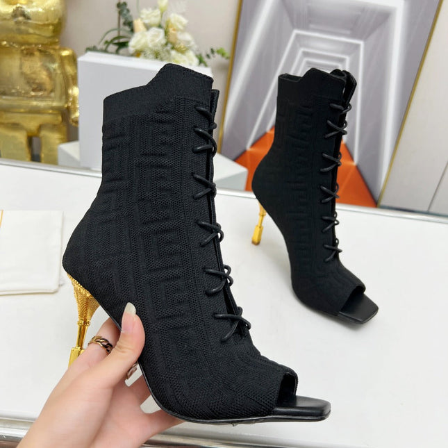 BALMAIN 26S LACE UP OPEN TOE BOOTS 95 MM IN BLACK FLYKNIT
