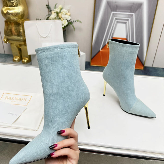 BALMAIN 26S BOOTS 95 MM IN LIGHT BLUE DENIM