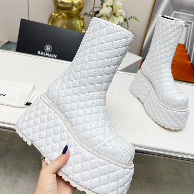 BALMAIN 26S PLATFORM BOOTS 100 MM IN WHITE LAMBSKIN