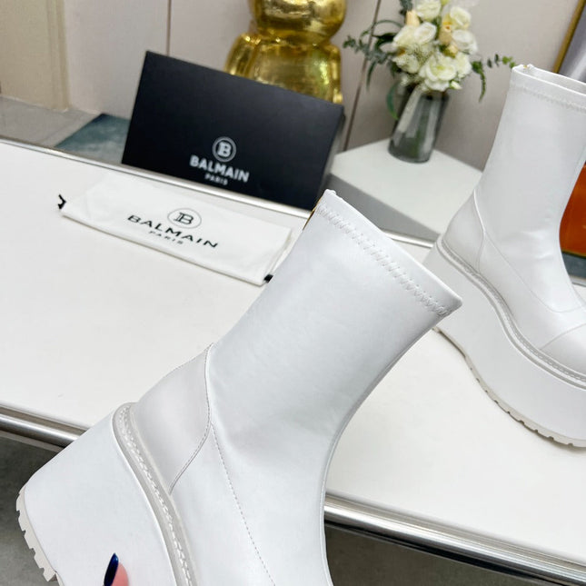 BALMAIN 26S PLATFORM BOOTS 100 MM IN WHITE CALFSKIN