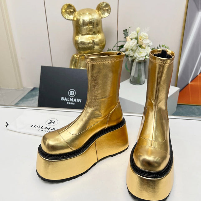 BALMAIN 26S PLATFORM BOOTS 100 MM IN GOLD METALLIC CALFSKIN