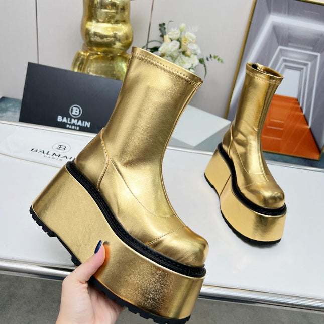 BALMAIN 26S PLATFORM BOOTS 100 MM IN GOLD METALLIC CALFSKIN