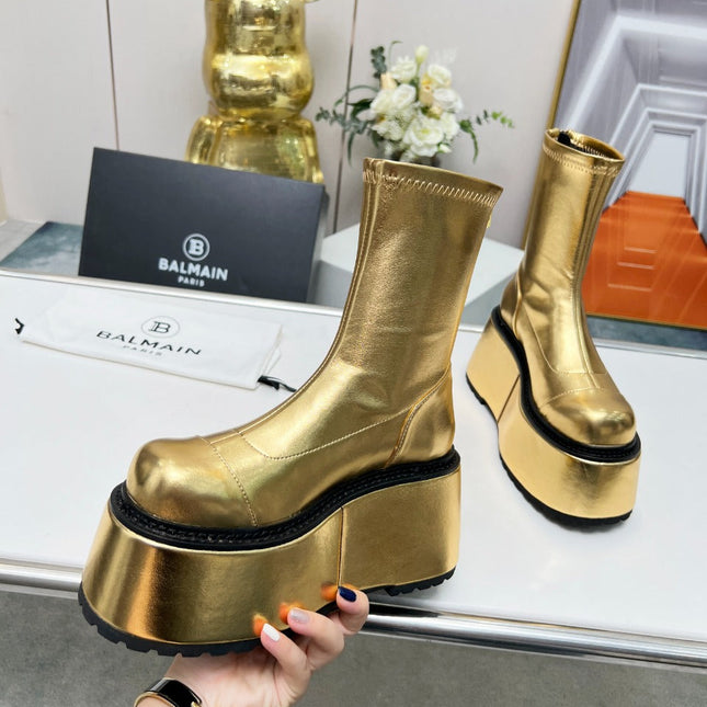 BALMAIN 26S PLATFORM BOOTS 100 MM IN GOLD METALLIC CALFSKIN