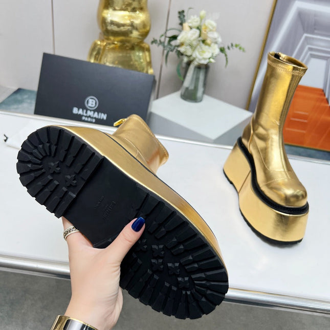 BALMAIN 26S PLATFORM BOOTS 100 MM IN GOLD METALLIC CALFSKIN