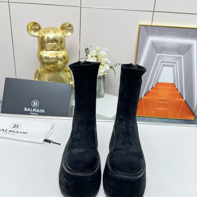 BALMAIN 26S PLATFORM BOOTS 100 MM IN BLACK SUEDE
