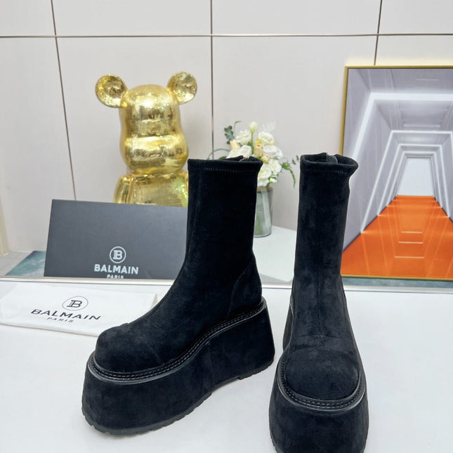 BALMAIN 26S PLATFORM BOOTS 100 MM IN BLACK SUEDE