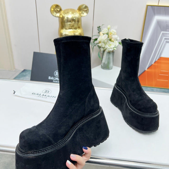 BALMAIN 26S PLATFORM BOOTS 100 MM IN BLACK SUEDE