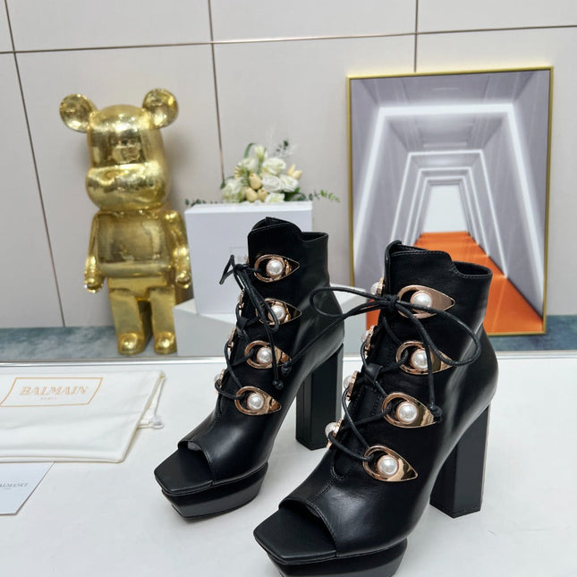 BALMAIN 26S OPEN-TOE BOOTS 115 MM IN BLACK CALFSKIN PEARL-EMBELLISHED
