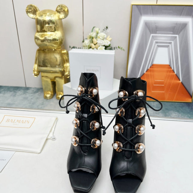 BALMAIN 26S OPEN-TOE BOOTS 115 MM IN BLACK CALFSKIN PEARL-EMBELLISHED