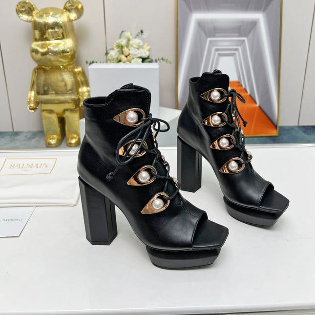 BALMAIN 26S OPEN-TOE BOOTS 115 MM IN BLACK CALFSKIN PEARL-EMBELLISHED