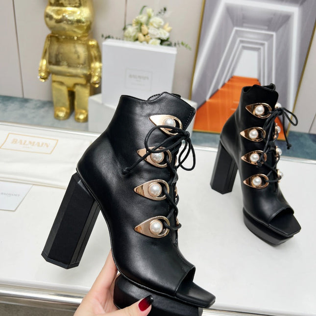 BALMAIN 26S OPEN-TOE BOOTS 115 MM IN BLACK CALFSKIN PEARL-EMBELLISHED