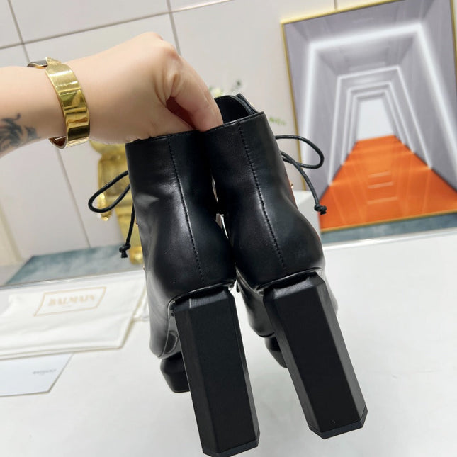 BALMAIN 26S OPEN-TOE BOOTS 115 MM IN BLACK CALFSKIN PEARL-EMBELLISHED