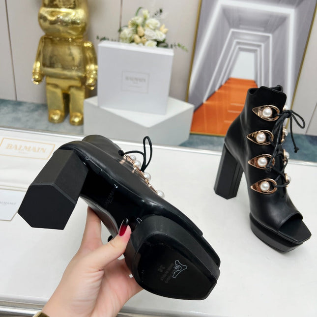 BALMAIN 26S OPEN-TOE BOOTS 115 MM IN BLACK CALFSKIN PEARL-EMBELLISHED