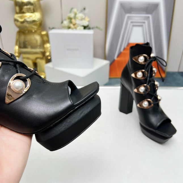 BALMAIN 26S OPEN-TOE BOOTS 115 MM IN BLACK CALFSKIN PEARL-EMBELLISHED