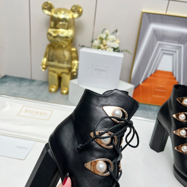 BALMAIN 26S OPEN-TOE BOOTS 115 MM IN BLACK CALFSKIN PEARL-EMBELLISHED