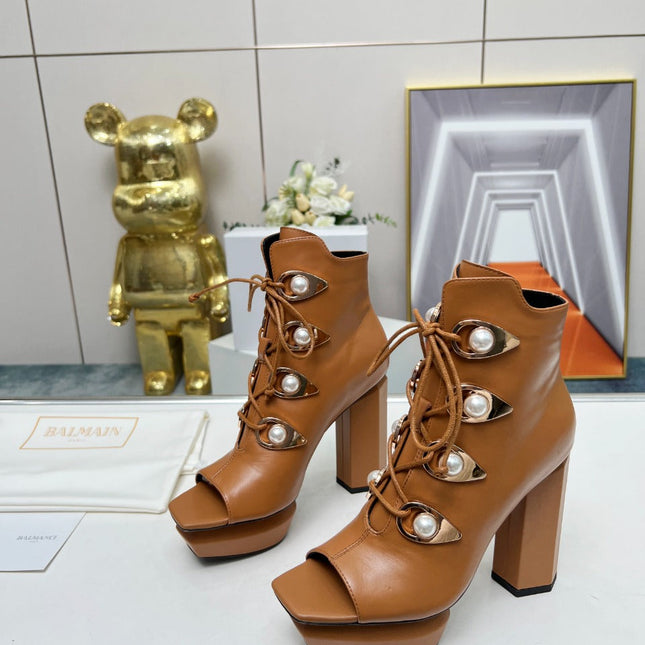 BALMAIN 26S OPEN-TOE BOOTS 115 MM IN BROWN CALFSKIN PEARL-EMBELLISHED