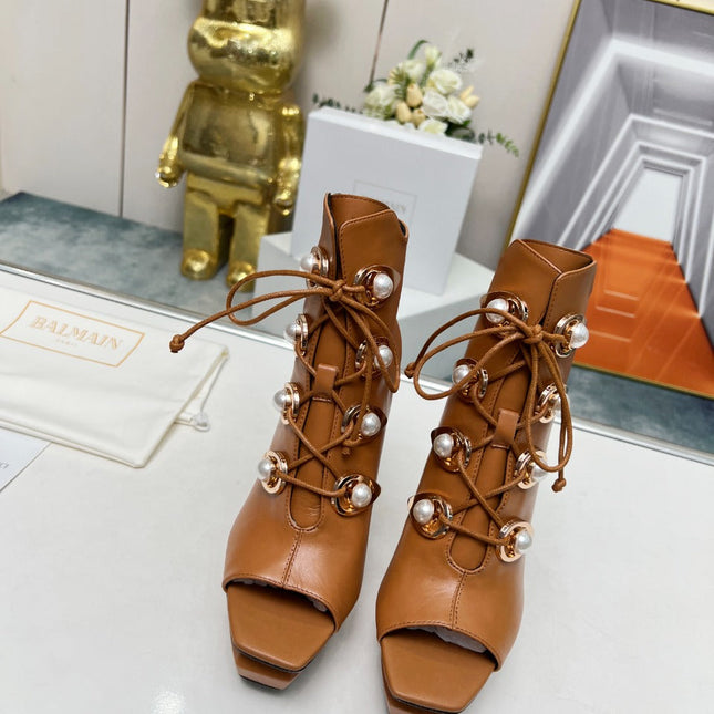 BALMAIN 26S OPEN-TOE BOOTS 115 MM IN BROWN CALFSKIN PEARL-EMBELLISHED