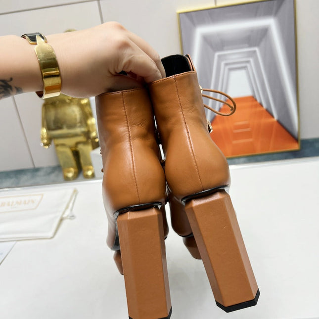 BALMAIN 26S OPEN-TOE BOOTS 115 MM IN BROWN CALFSKIN PEARL-EMBELLISHED