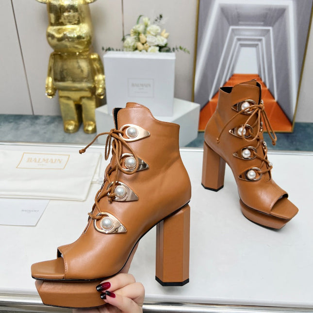 BALMAIN 26S OPEN-TOE BOOTS 115 MM IN BROWN CALFSKIN PEARL-EMBELLISHED