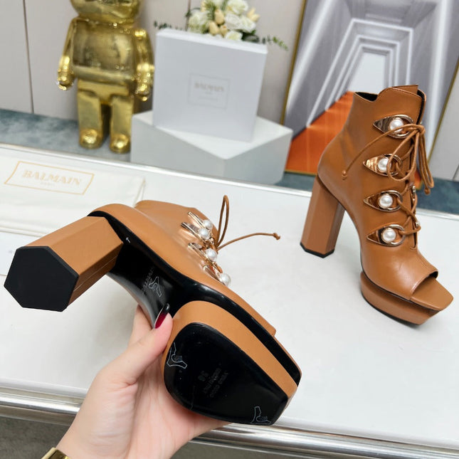 BALMAIN 26S OPEN-TOE BOOTS 115 MM IN BROWN CALFSKIN PEARL-EMBELLISHED