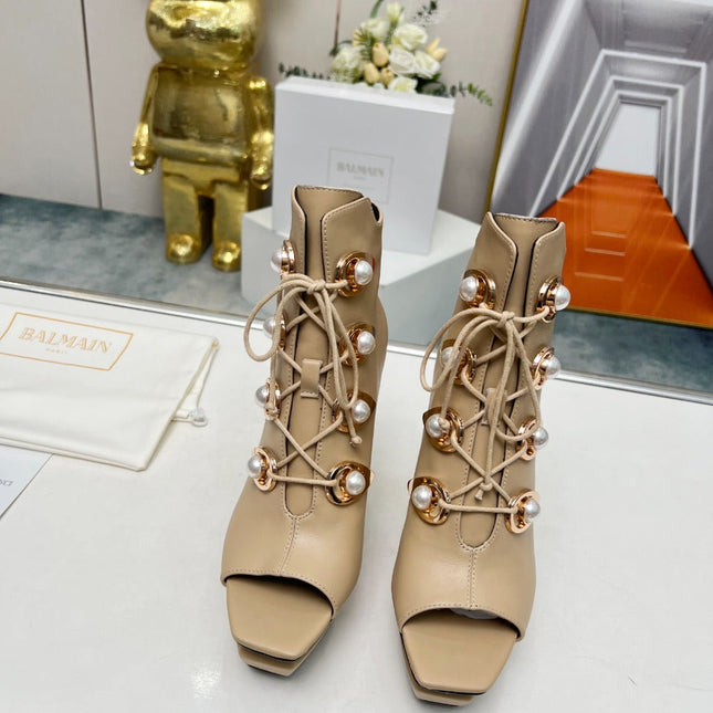 BALMAIN 26S OPEN-TOE BOOTS 115 MM IN DARK BEIGE CALFSKIN PEARL-EMBELLISHED