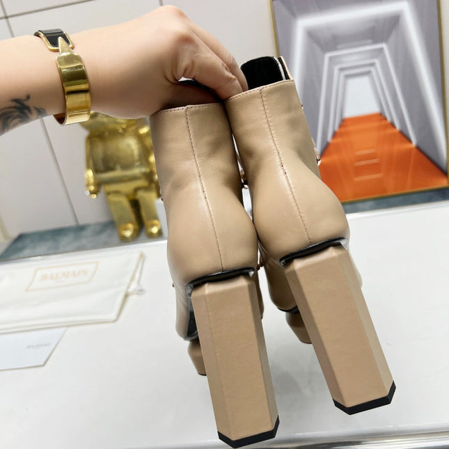 BALMAIN 26S OPEN-TOE BOOTS 115 MM IN DARK BEIGE CALFSKIN PEARL-EMBELLISHED