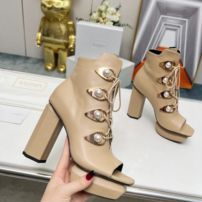 BALMAIN 26S OPEN-TOE BOOTS 115 MM IN DARK BEIGE CALFSKIN PEARL-EMBELLISHED