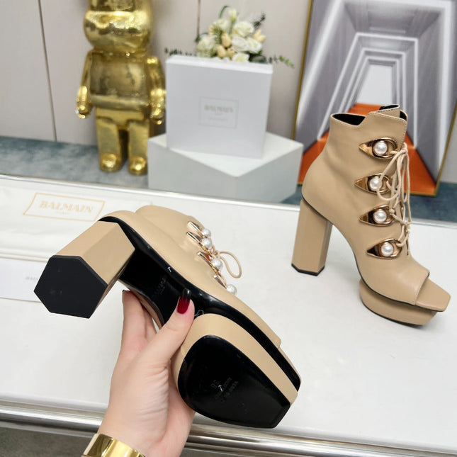 BALMAIN 26S OPEN-TOE BOOTS 115 MM IN DARK BEIGE CALFSKIN PEARL-EMBELLISHED