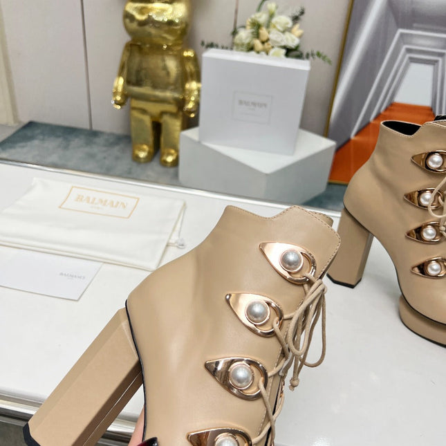 BALMAIN 26S OPEN-TOE BOOTS 115 MM IN DARK BEIGE CALFSKIN PEARL-EMBELLISHED