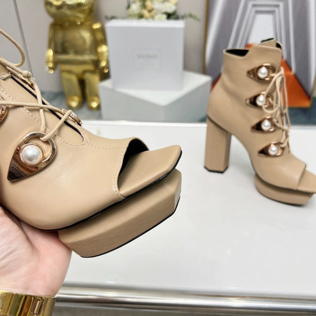 BALMAIN 26S OPEN-TOE BOOTS 115 MM IN DARK BEIGE CALFSKIN PEARL-EMBELLISHED