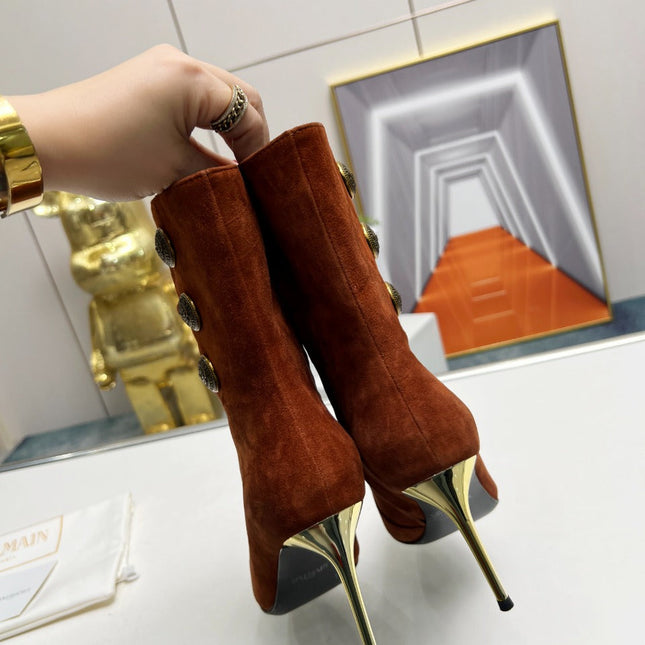 BALMAIN 26S HIGH-HEEL BOOTS 95 MM IN BROWN SUEDE