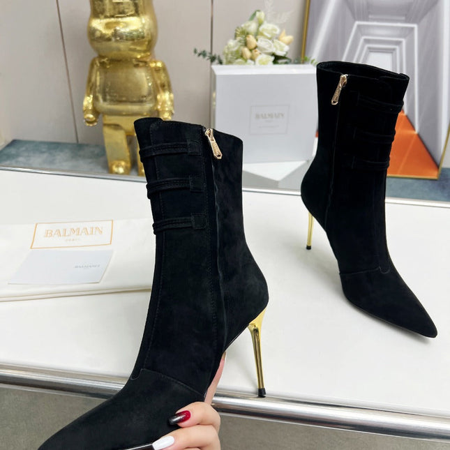 BALMAIN 26S HIGH-HEEL BOOTS 95 MM IN BLACK SUEDE