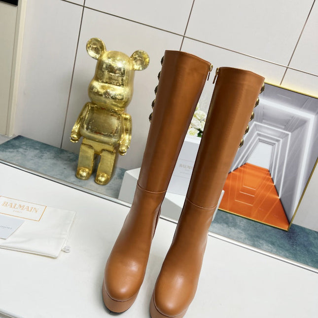 BALMAIN 26S HIGH BOOTS 115 MM IN BROWN CALFSKIN