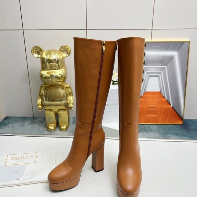 BALMAIN 26S HIGH BOOTS 115 MM IN BROWN CALFSKIN