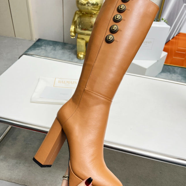 BALMAIN 26S HIGH BOOTS 115 MM IN BROWN CALFSKIN
