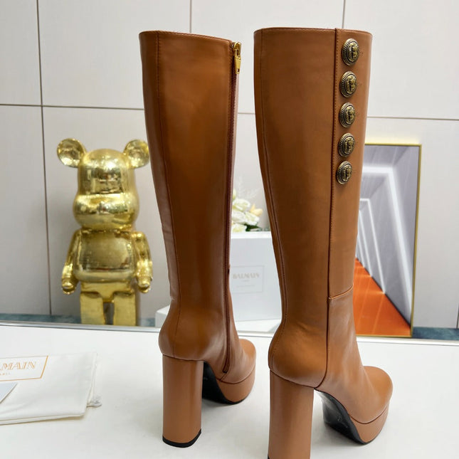 BALMAIN 26S HIGH BOOTS 115 MM IN BROWN CALFSKIN