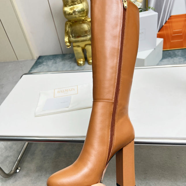 BALMAIN 26S HIGH BOOTS 115 MM IN BROWN CALFSKIN